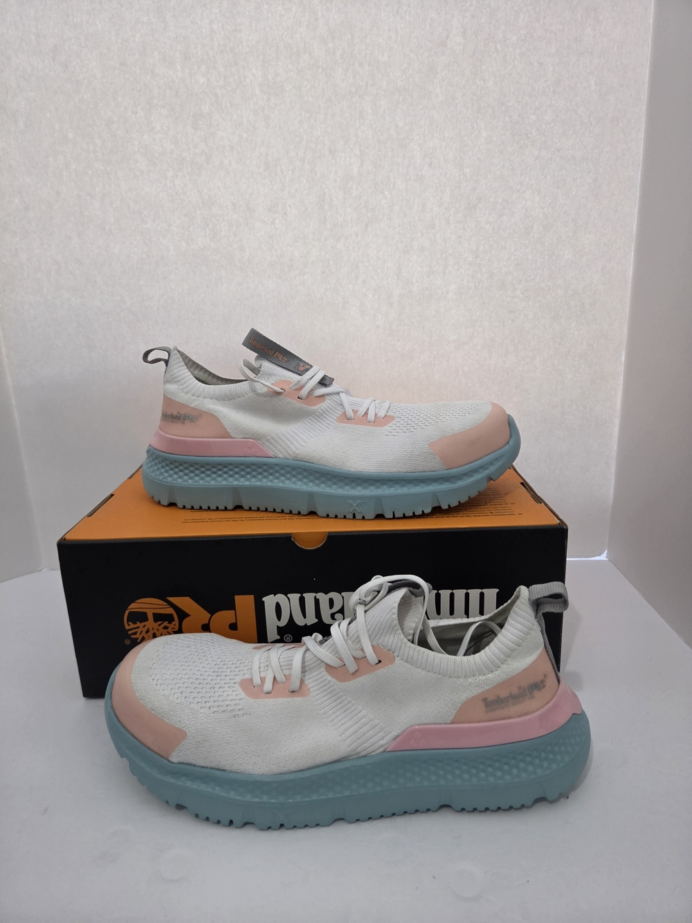 Timberland PRO Setra Knit Womens Shoes Sz 9.5 M White Peach Safety Toe Sneakers
